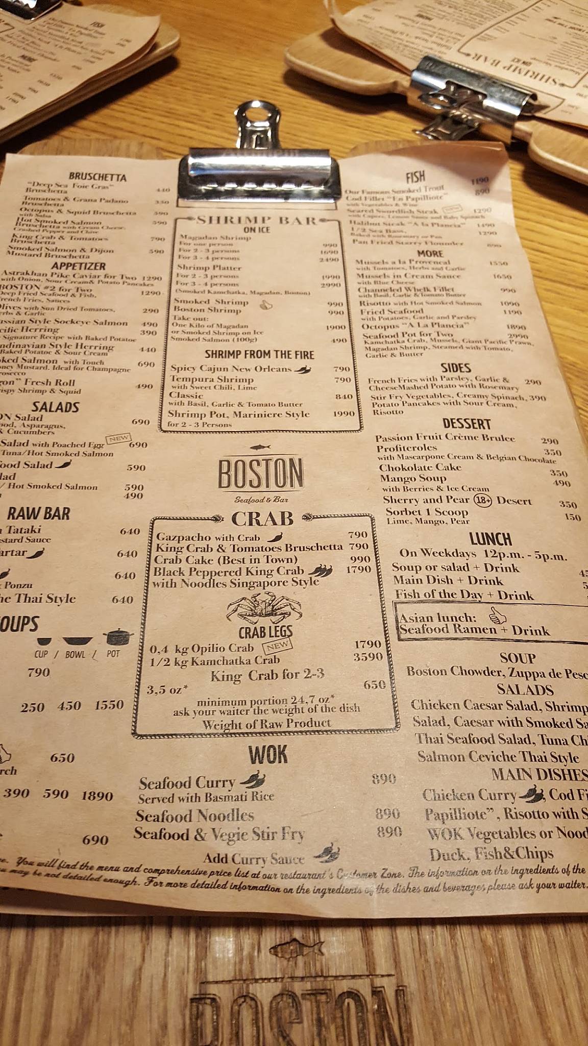 Boston menu