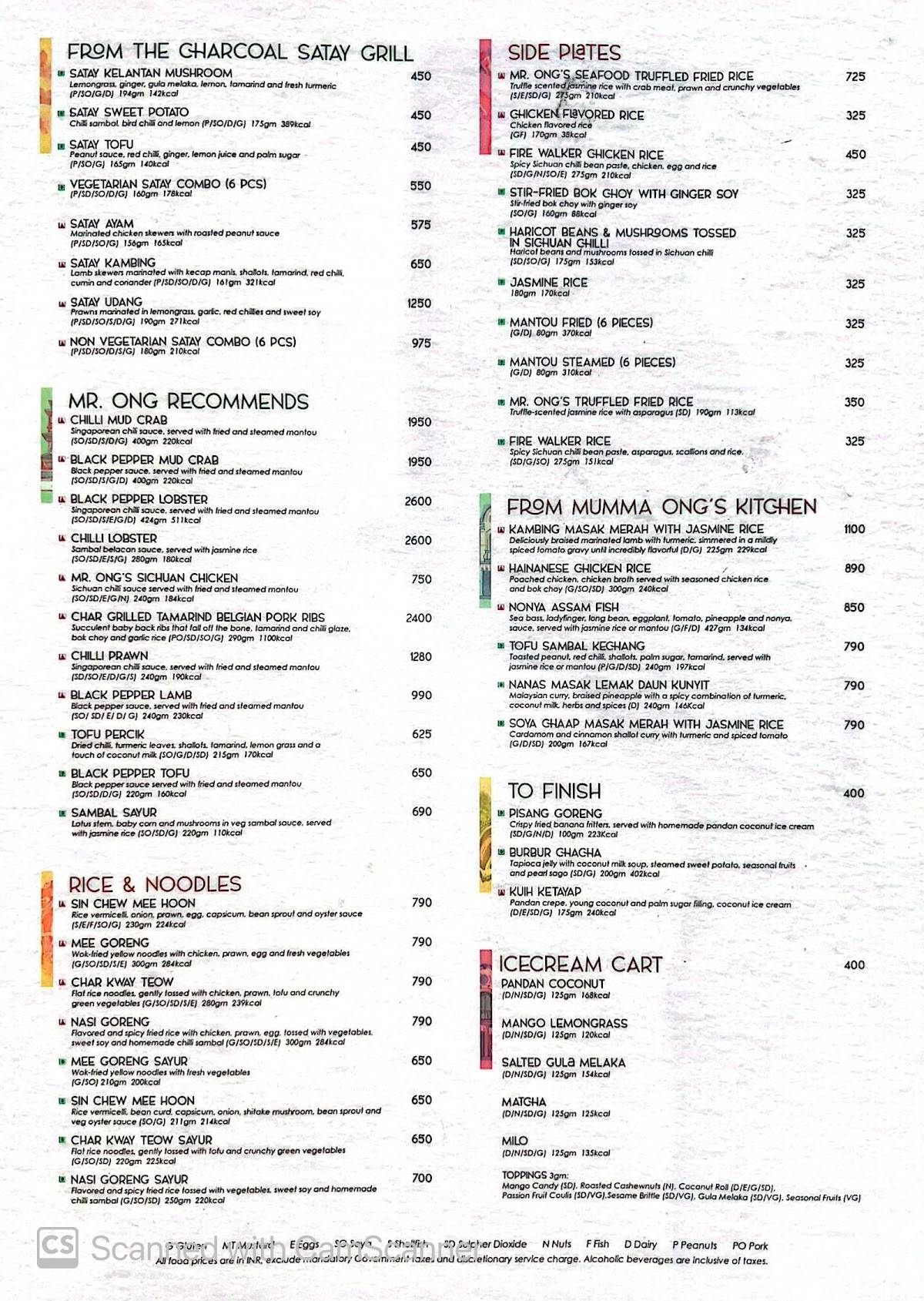 Mr. Ong - The Flavours of Singapore by Park Hyatt Chennai menu