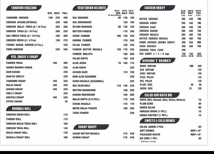 Mughals Rasoi menu