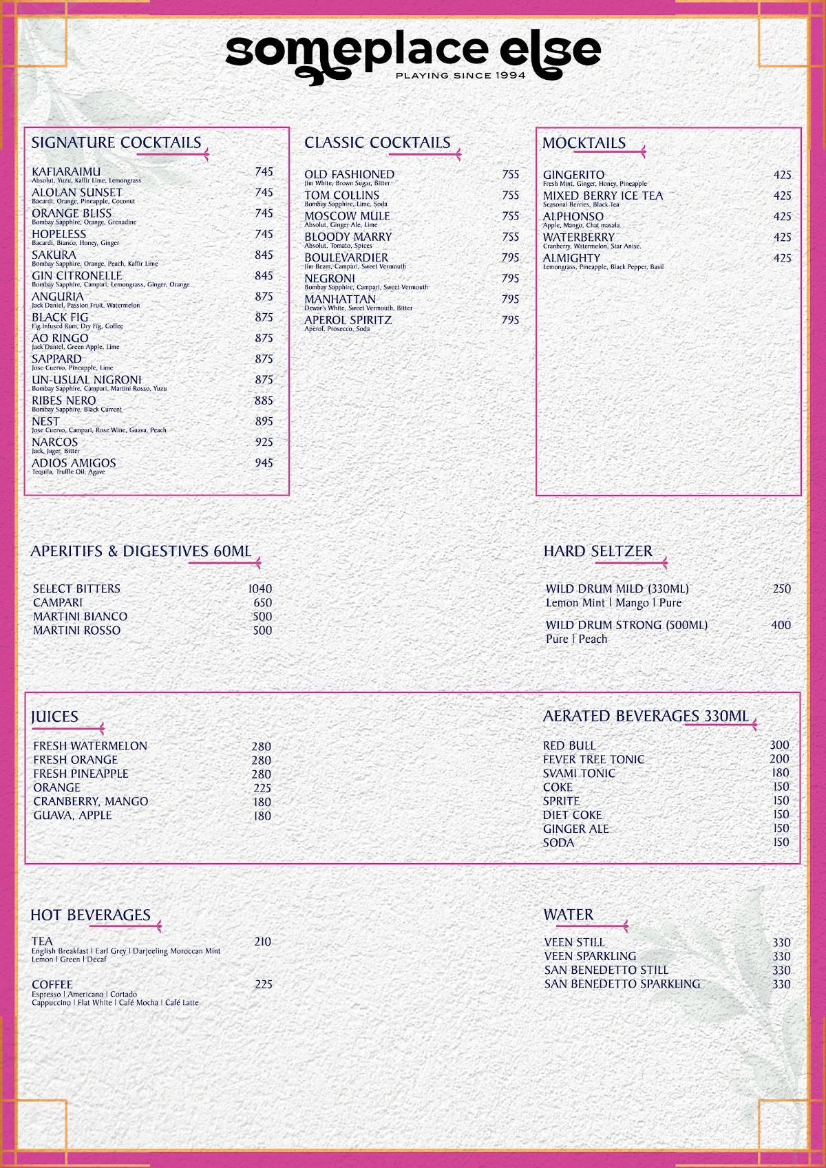 Someplace Else, Mumbai menu