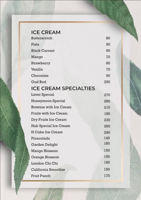 H cube cafe and Restaurant menu