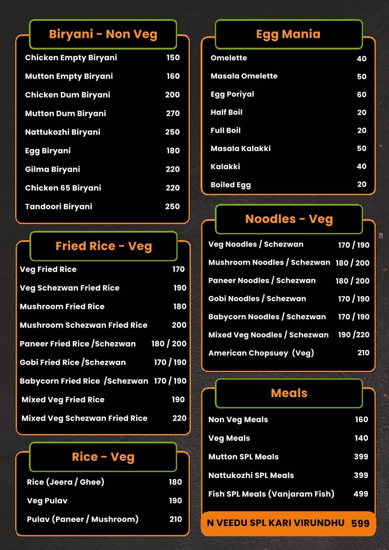 N Veedu Restaurant menu