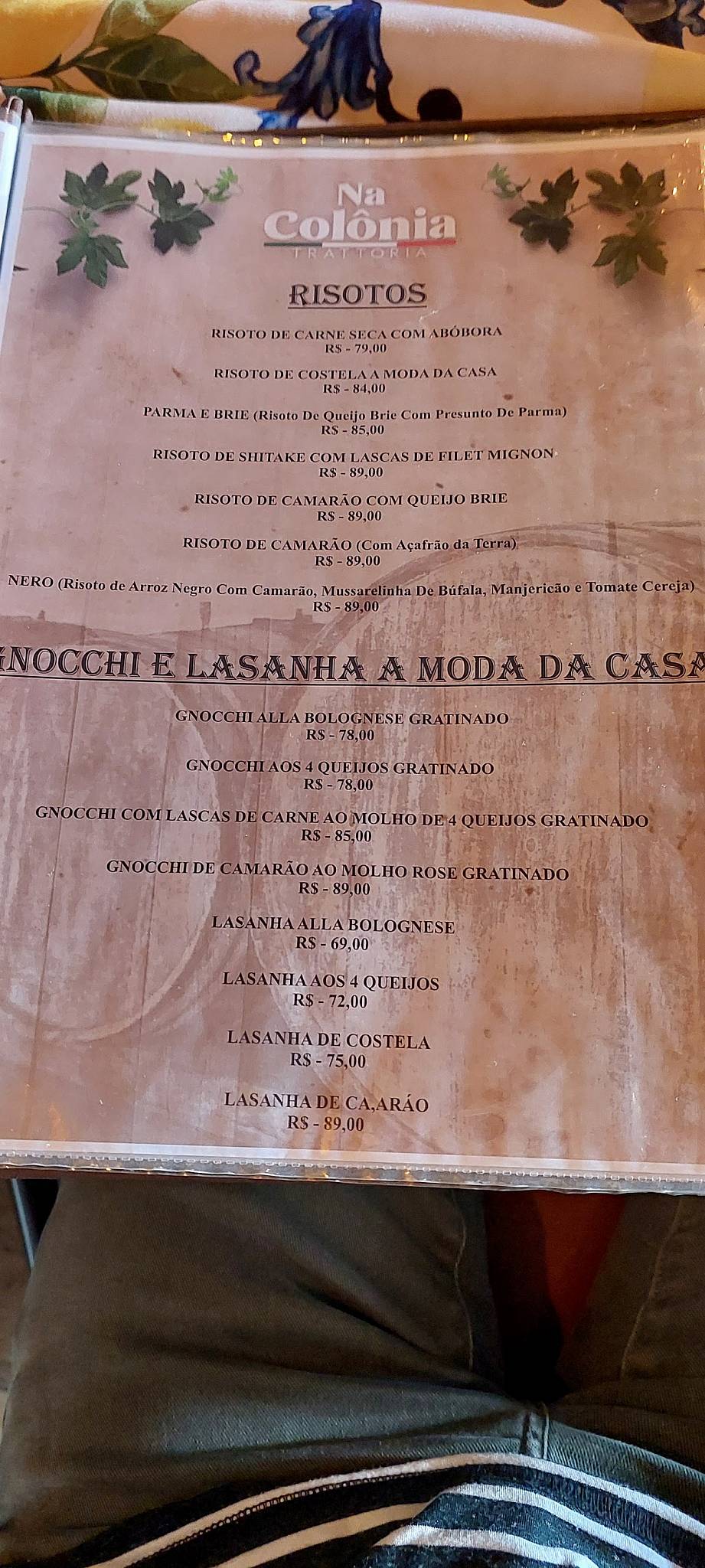 Na Colônia Trattoria cardápio