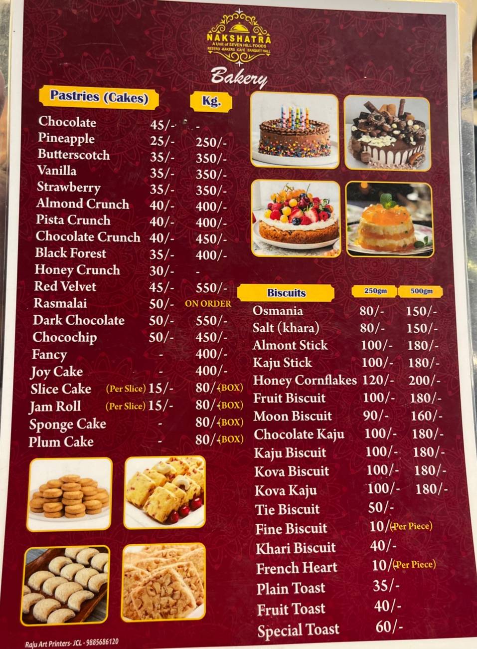Nakshatra Bakery and banquet Hall menu