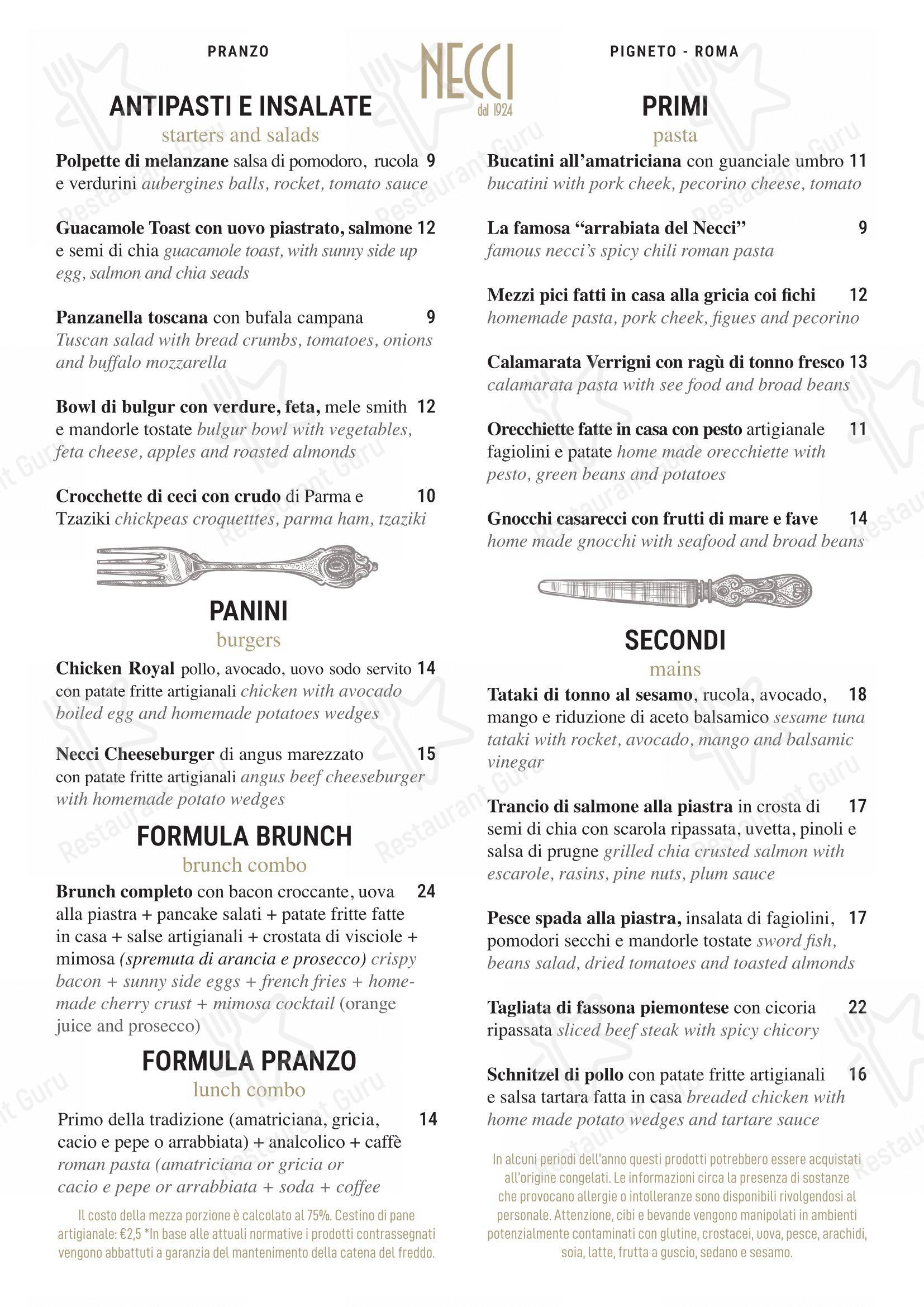 Menu per Necci dal 1924 in Roma