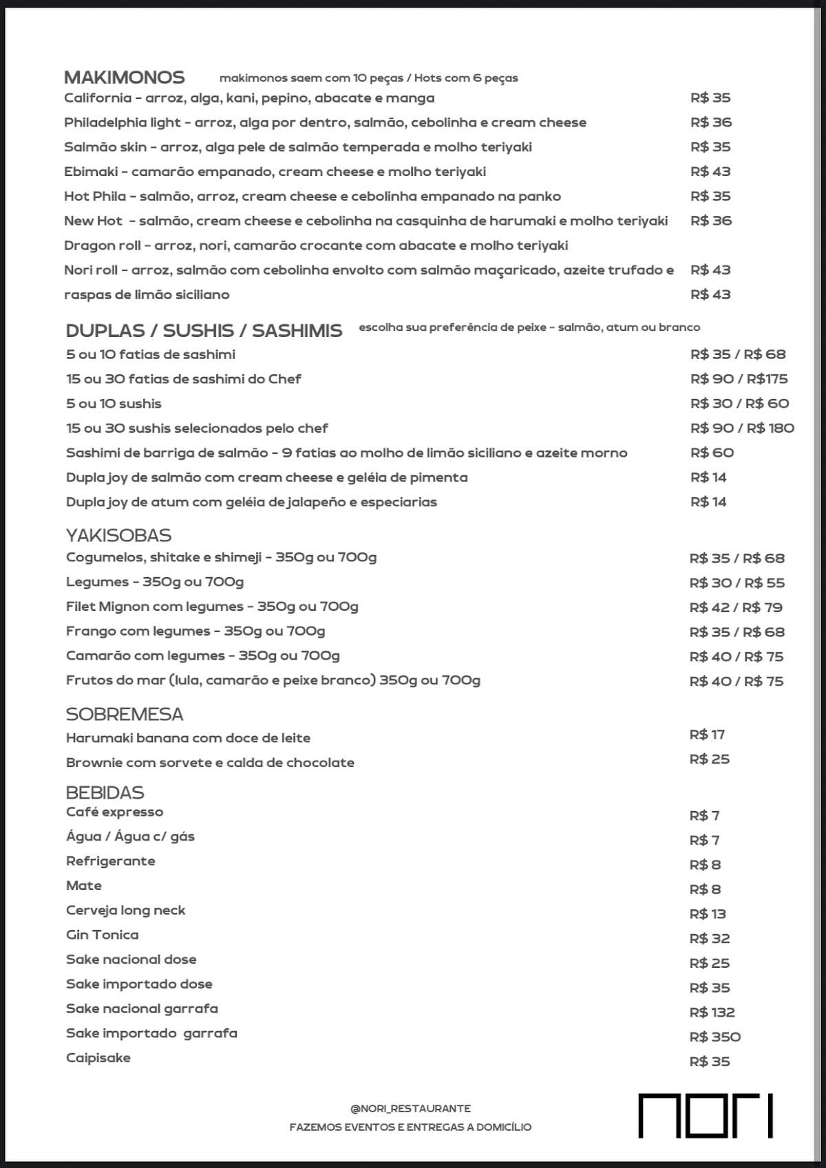 Nori Sushi cardápio