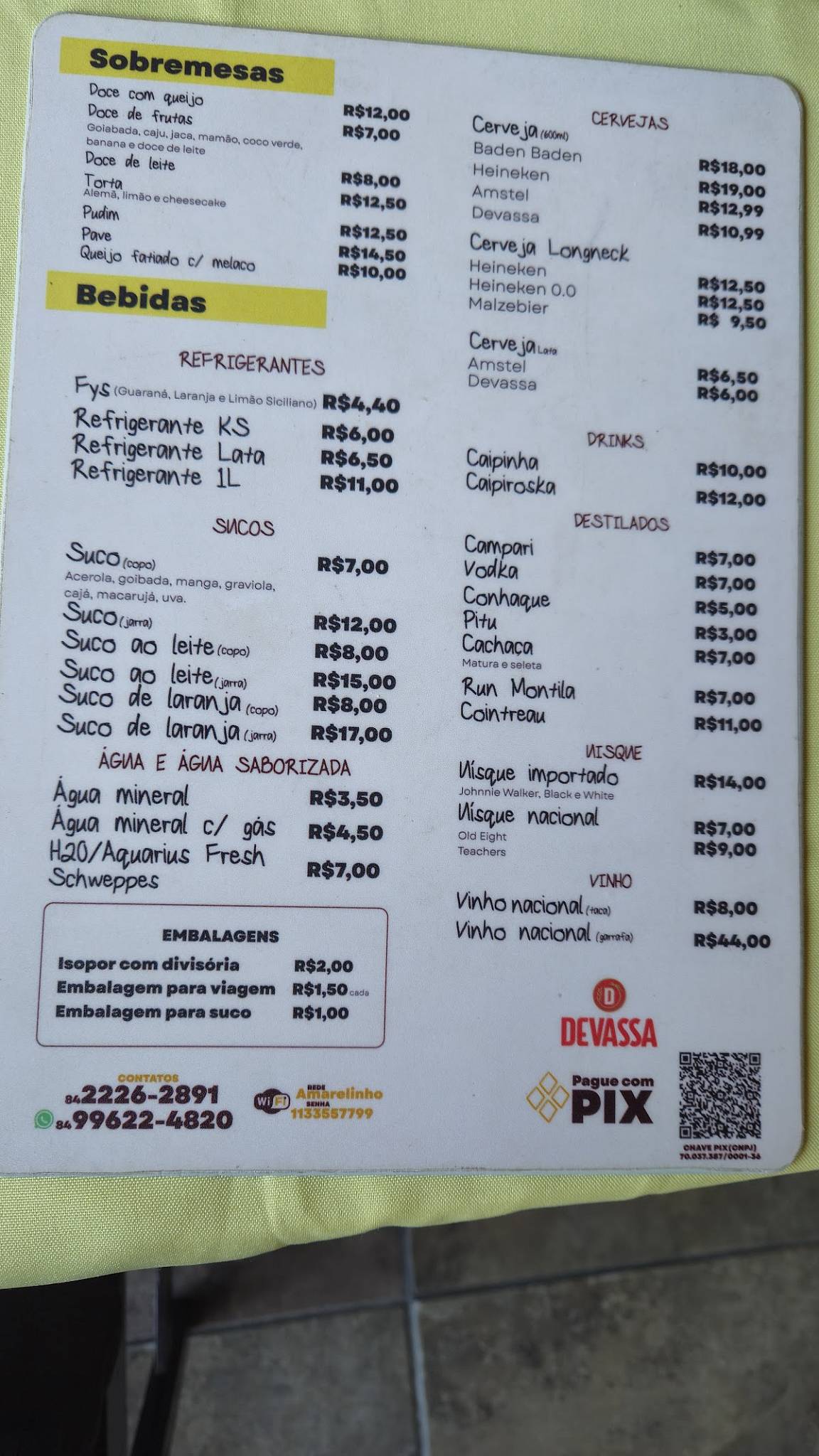 O Amarelinho cardápio