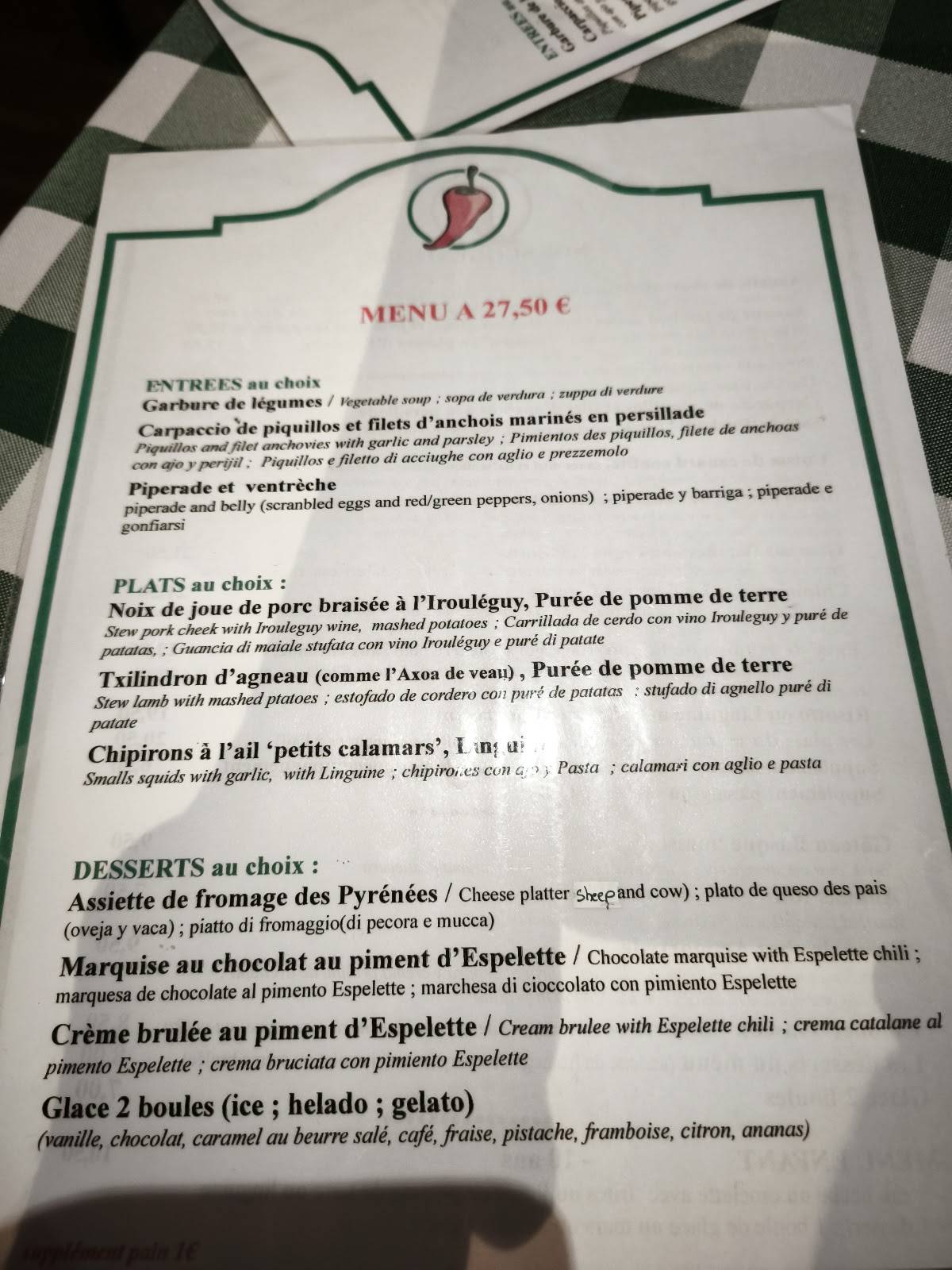 Menu de O Piment Rouge