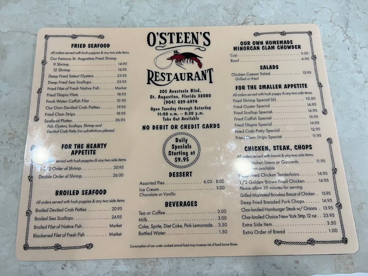 Menu at O'Steen's Restaurant, St. Augustine