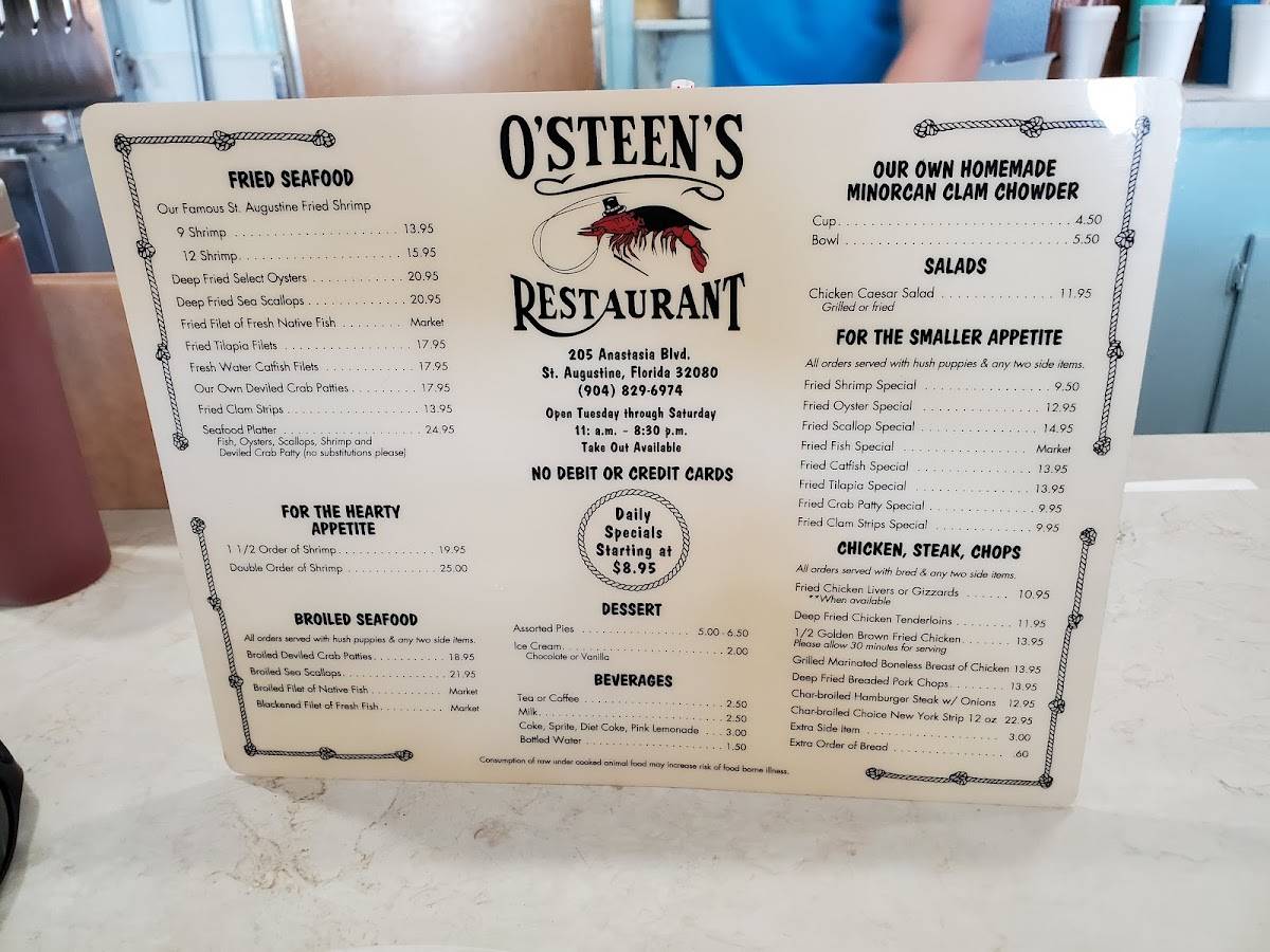 Menu at O'Steen's Restaurant, St. Augustine