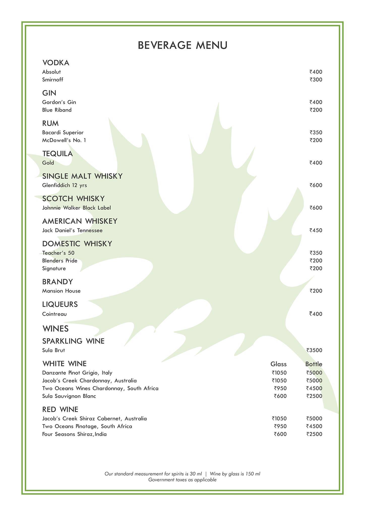 Oakwood Residence Kapil Hyderabad menu