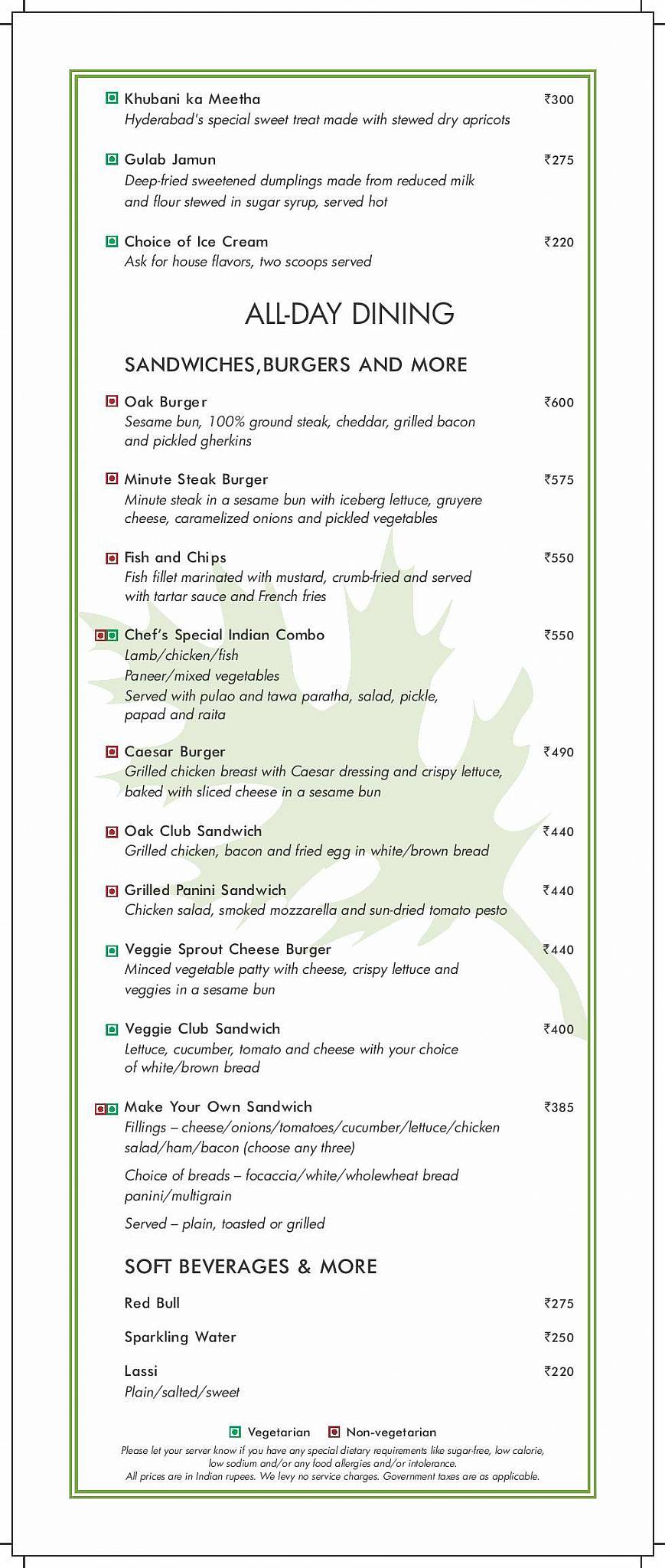 Oakwood Residence Kapil Hyderabad menu