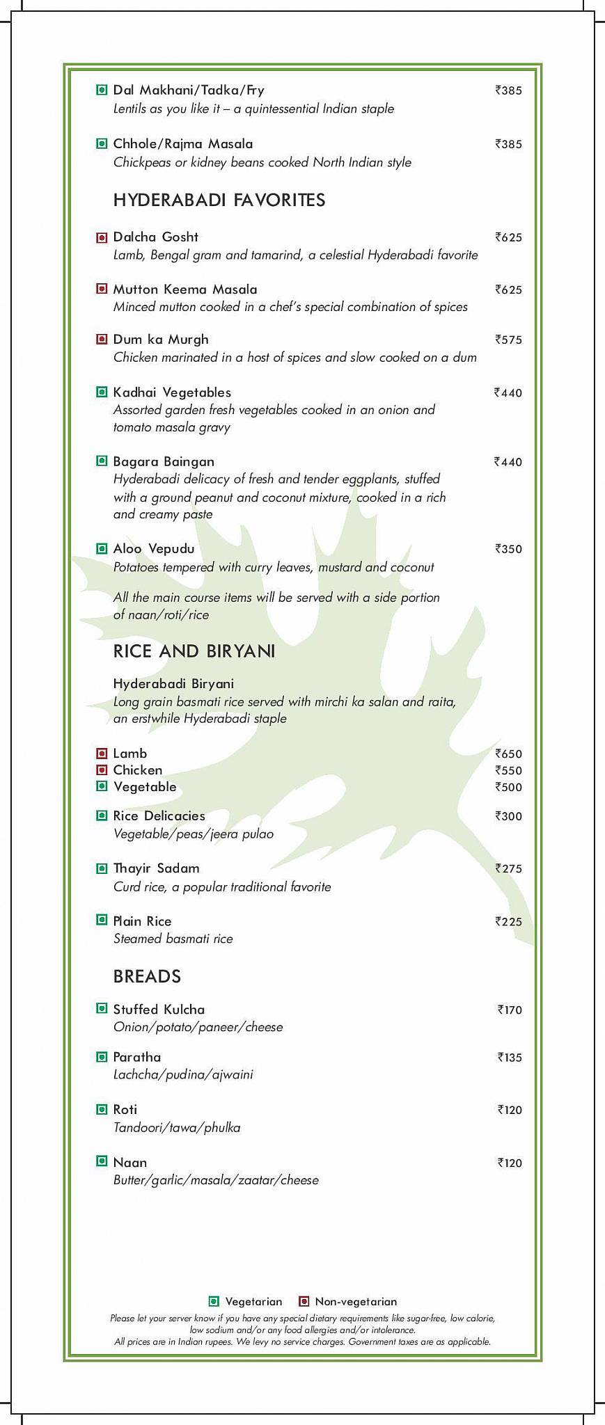 Oakwood Residence Kapil Hyderabad menu