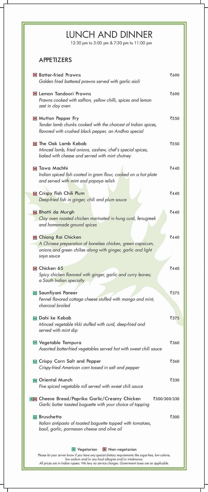 Oakwood Residence Kapil Hyderabad menu