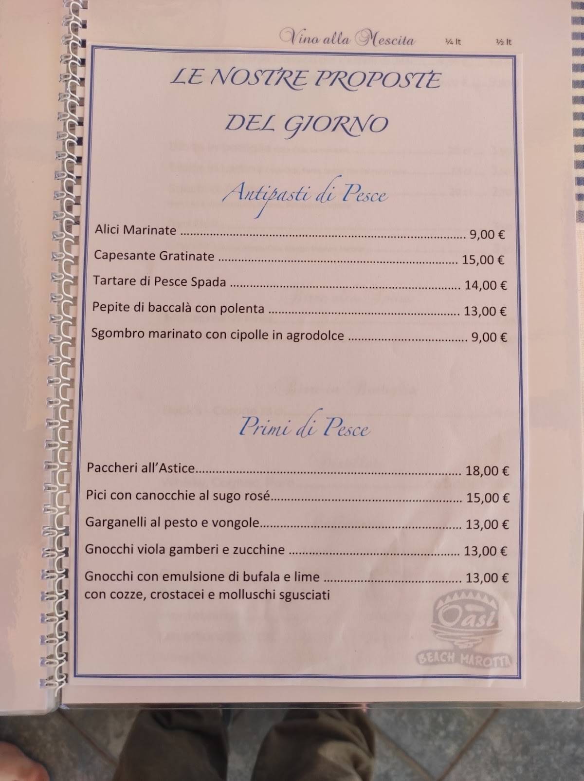 Menu di Oasi beach Restaurant 