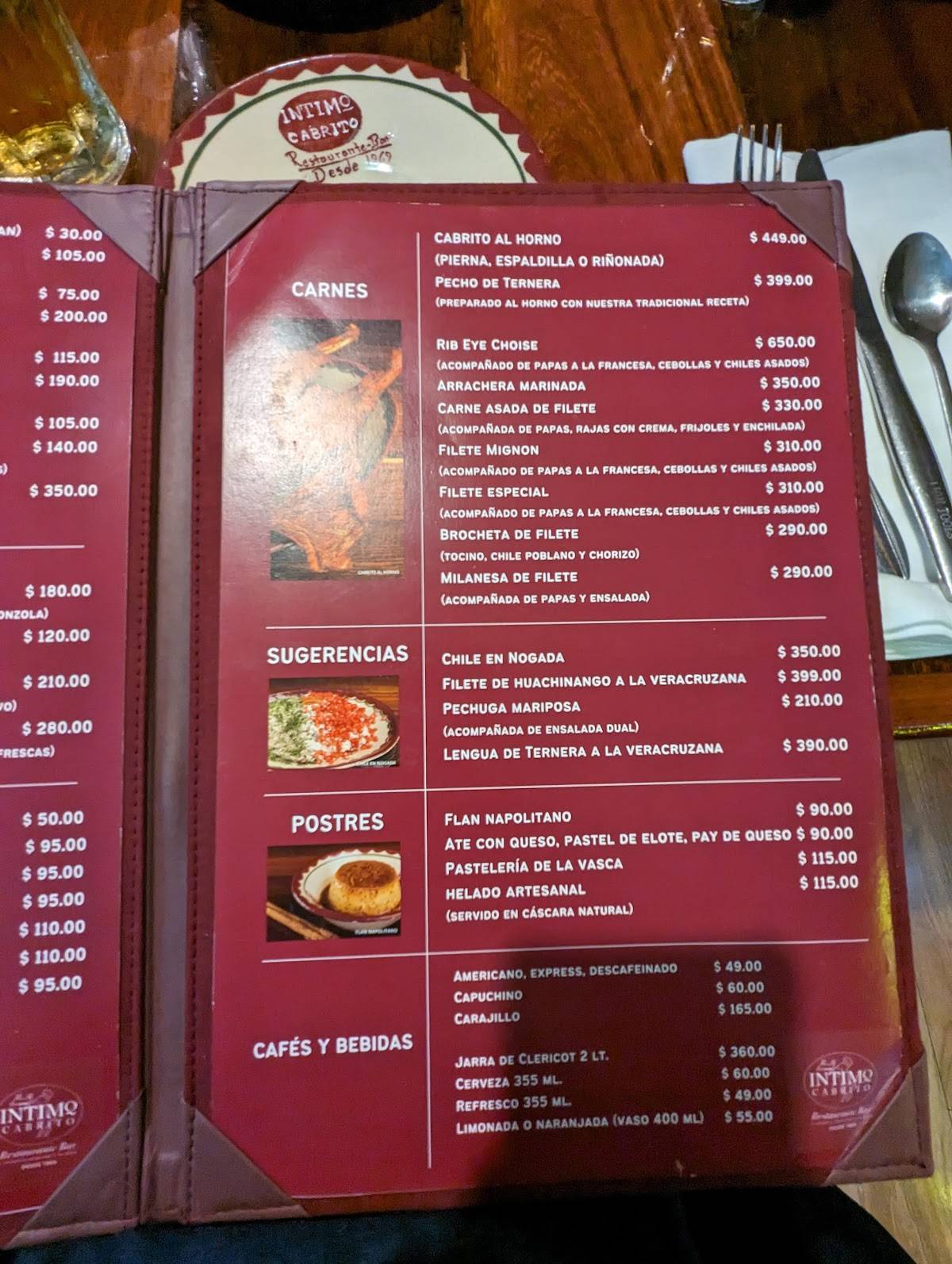 Carta del restaurante Intimo Cabrito, Ocoyoacac