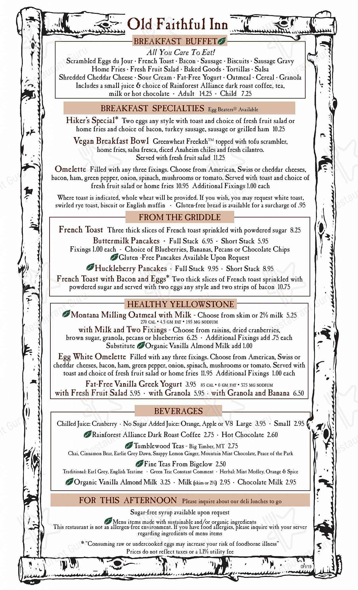 Menu At Old Faithful Inn Dining Room Restaurant USA Old Faithful Rd