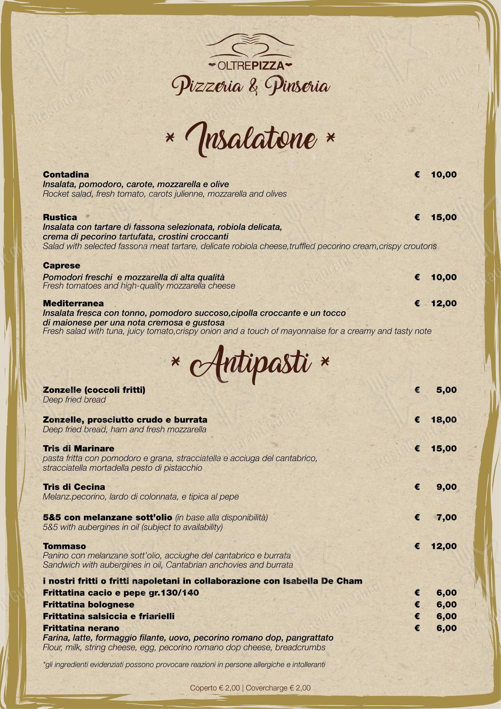 Menu per Oltrepizza pizzeria