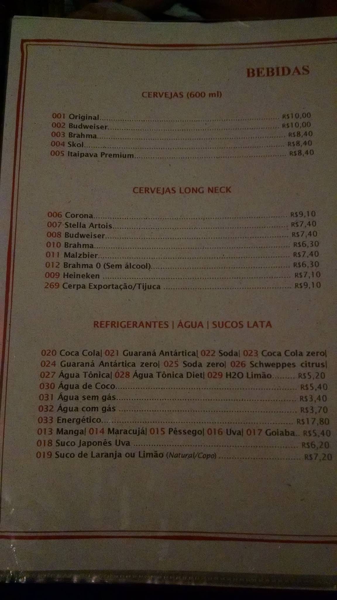 Menu at Omôri restaurant, Uberaba