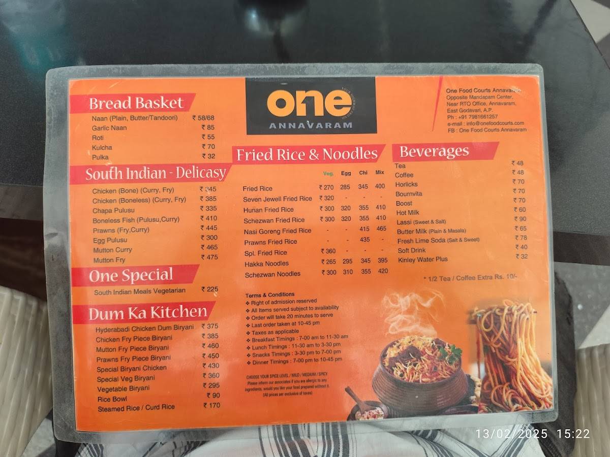 One Food Courts Annavaram Best Restaurants In Annavaram menu