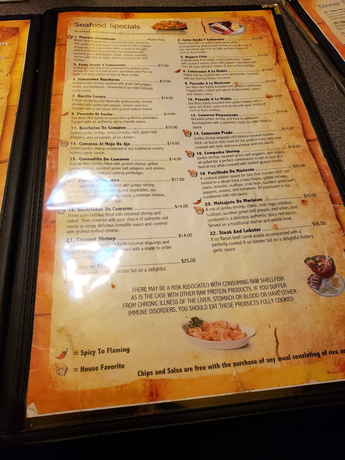 Menu at Oyster's Mexican & Seafood restaurant, Kingman