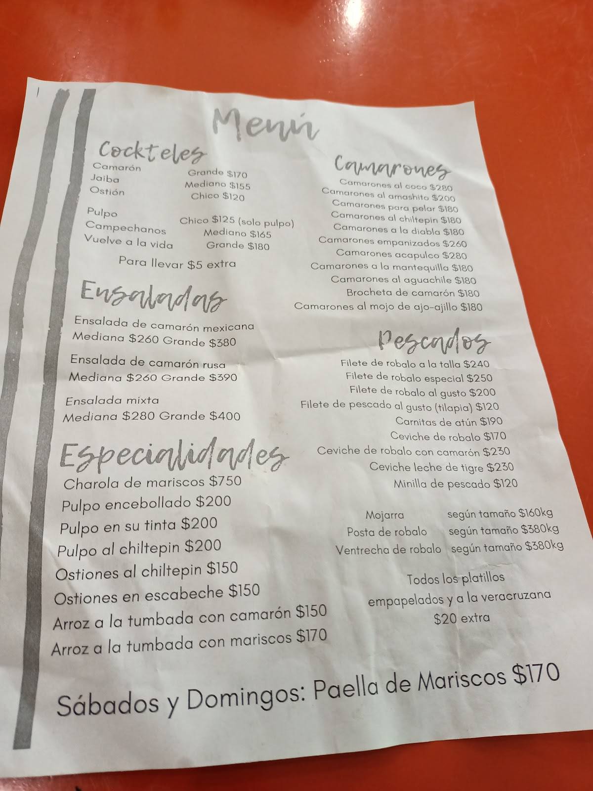 Carta Del Restaurante Pescados Y Mariscos Villahermosa