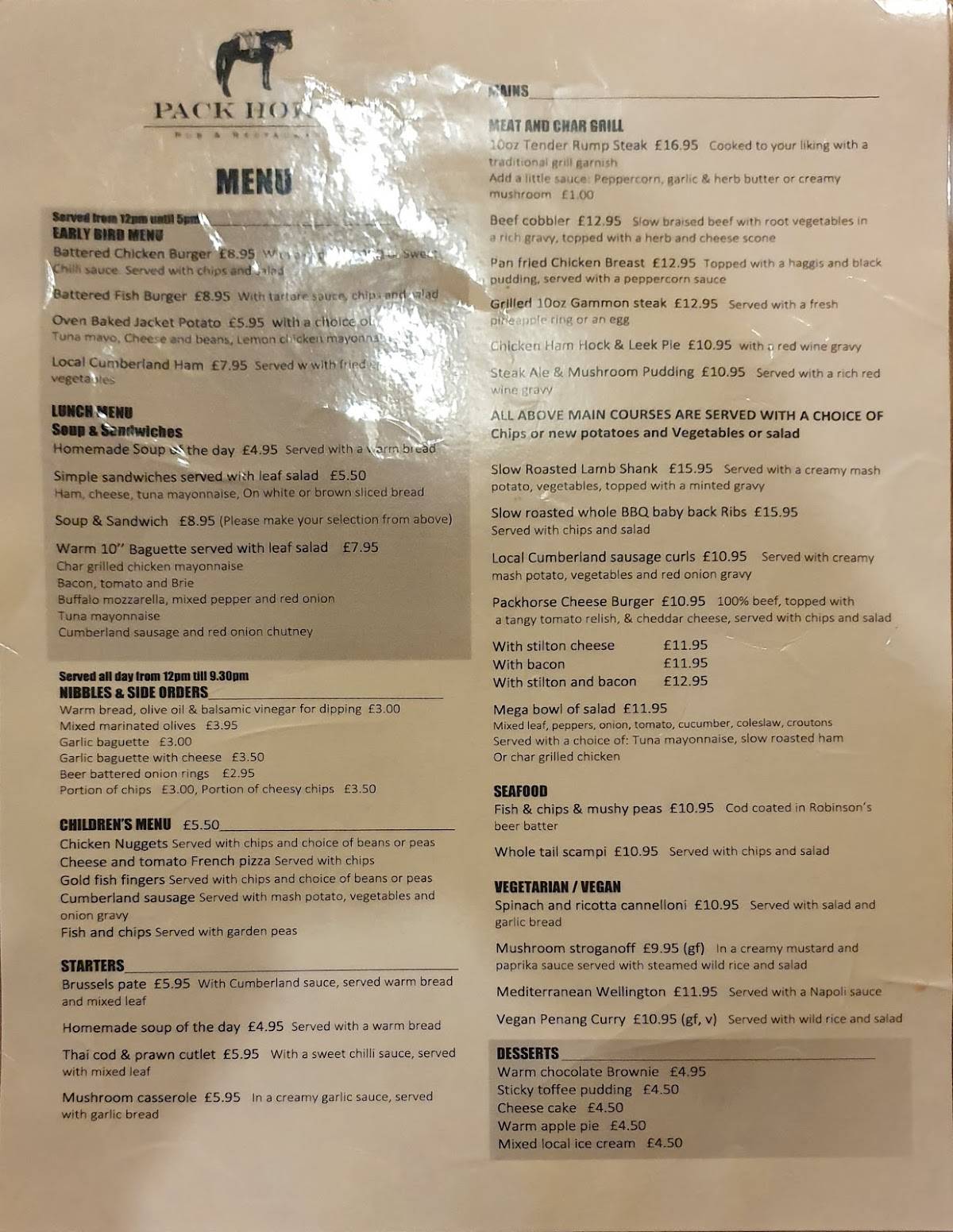 Menu at Pack Horse Inn pub & bar, Keswick