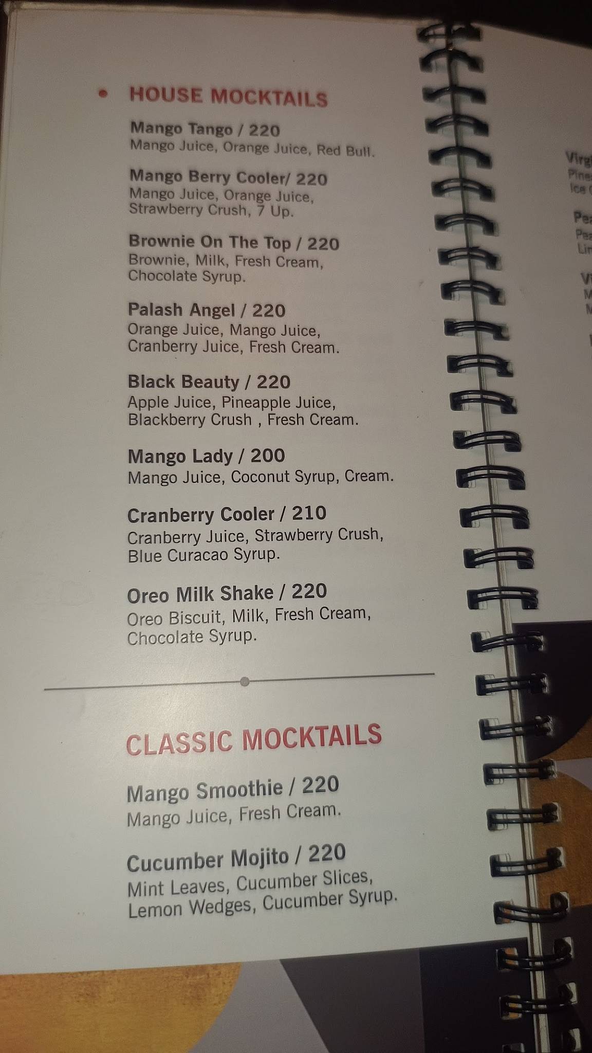 Palash, Fine Dine & Spirit menu