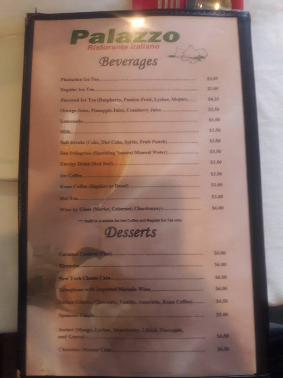 Menu at Palazzo Ristorante Italiano restaurant, Aiea, 99080 Kauhale St