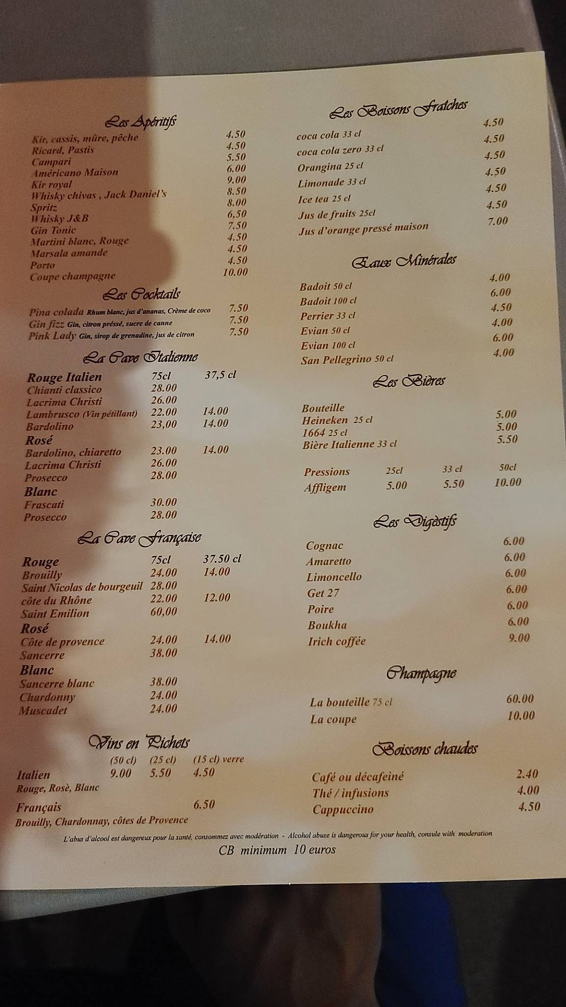 Menu de Pane & Vino