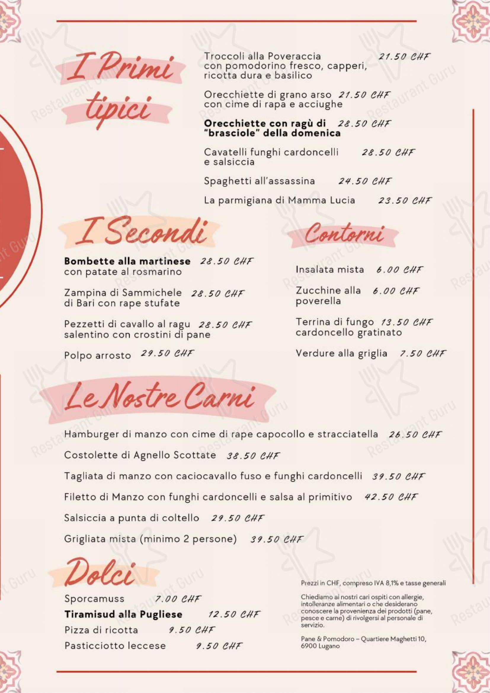 Pane e Pomodoro in Lugano - Menu