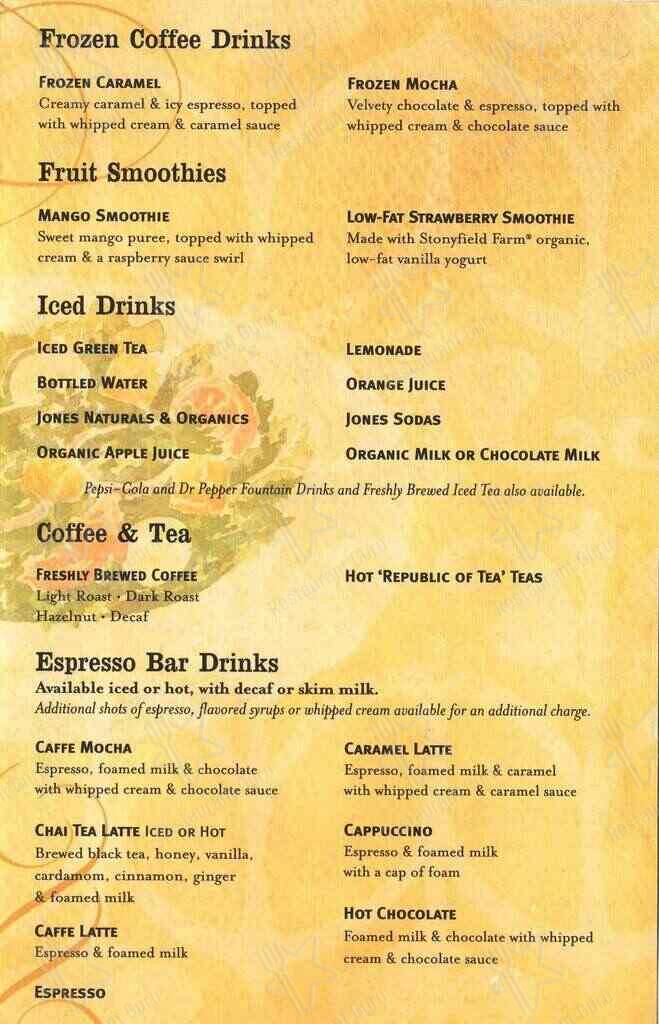 Panera Bread menu