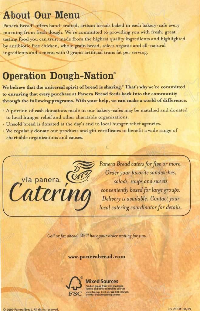 Panera Bread menu