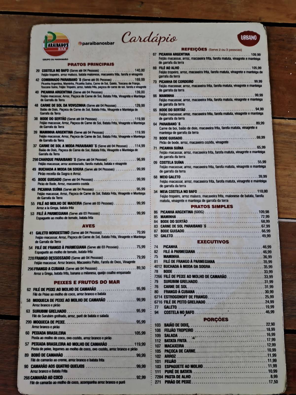 Paraibano's Bar cardápio