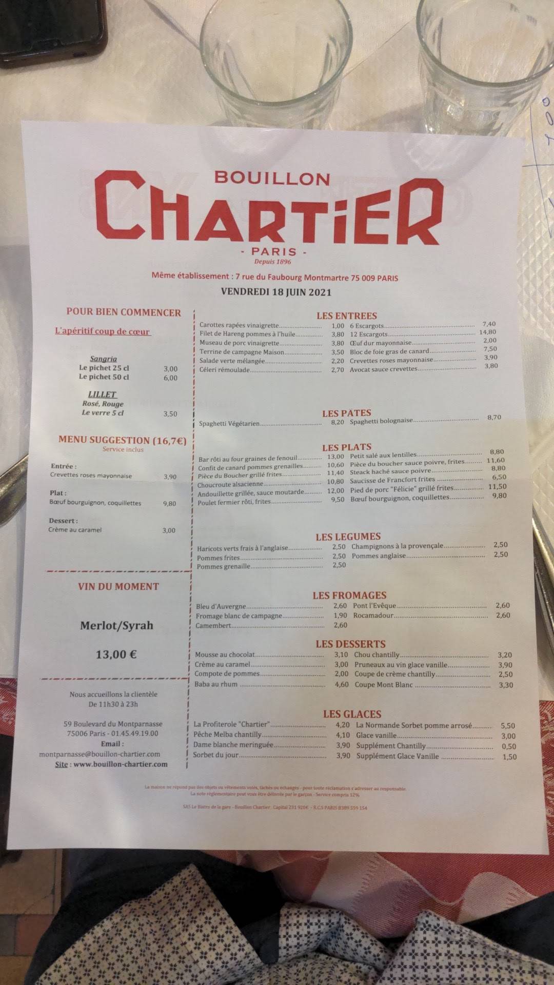 Carta del restaurante Bouillon Chartier, Paris, 59 Bd du Montparnasse