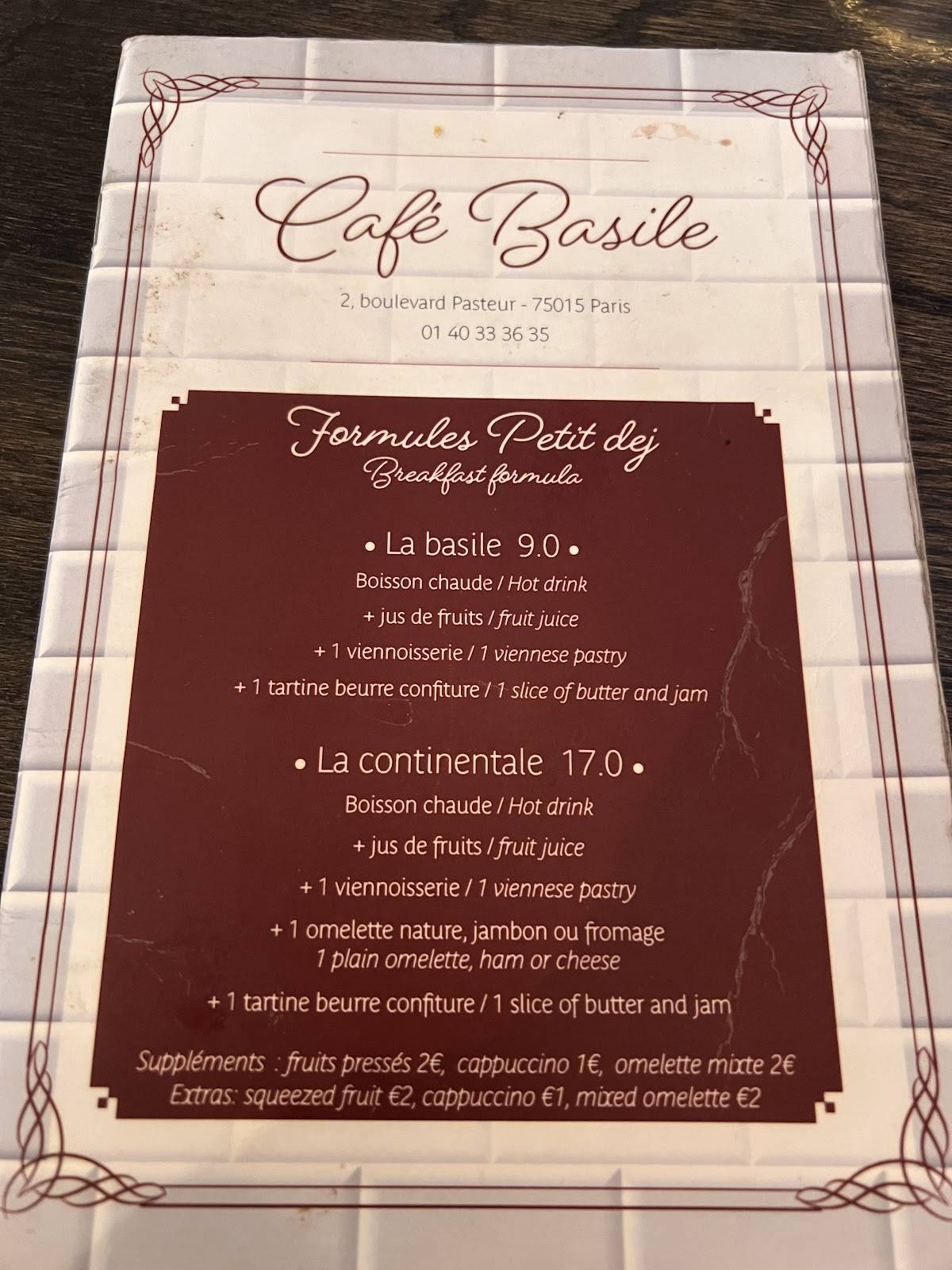 Menu de Café Basile Paris 15