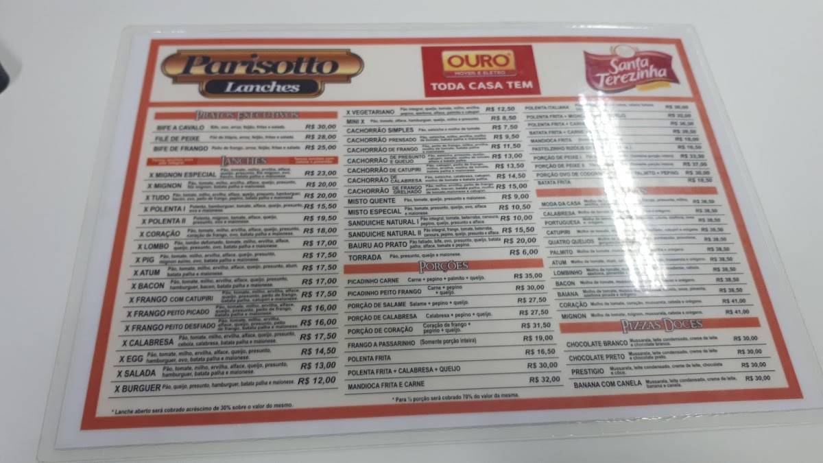Parisotto Lanches cardápio