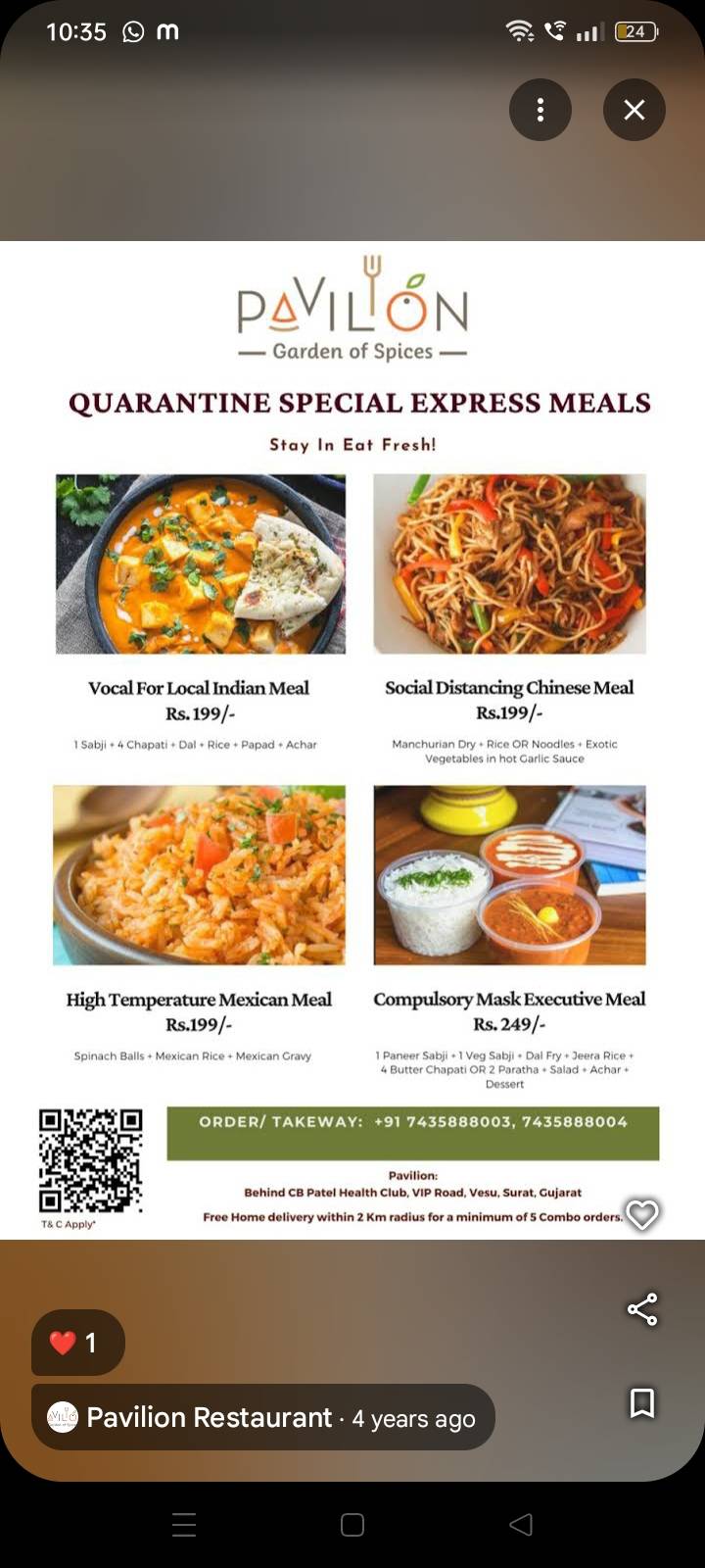 Pavilion Restaurant menu