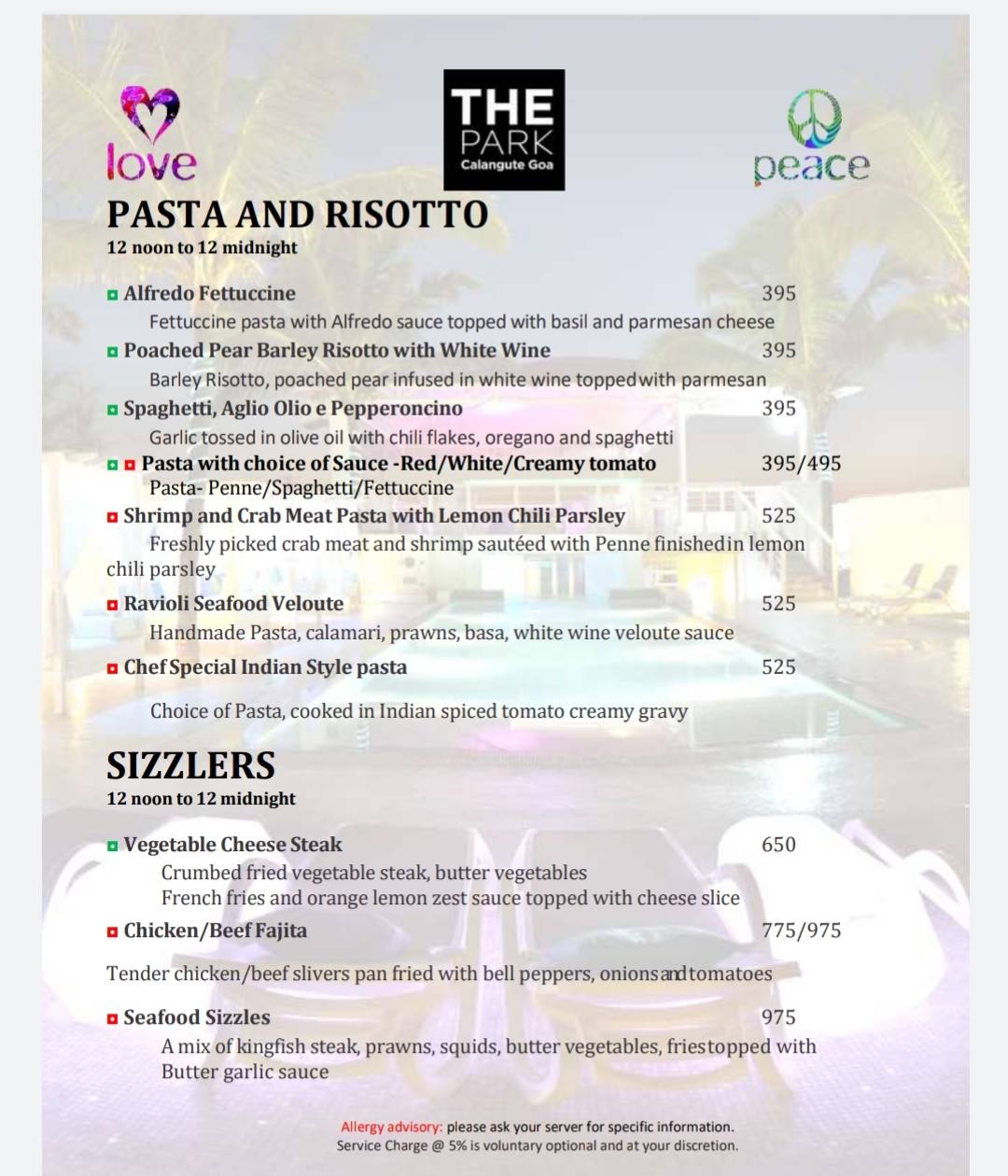 Peace Bar menu