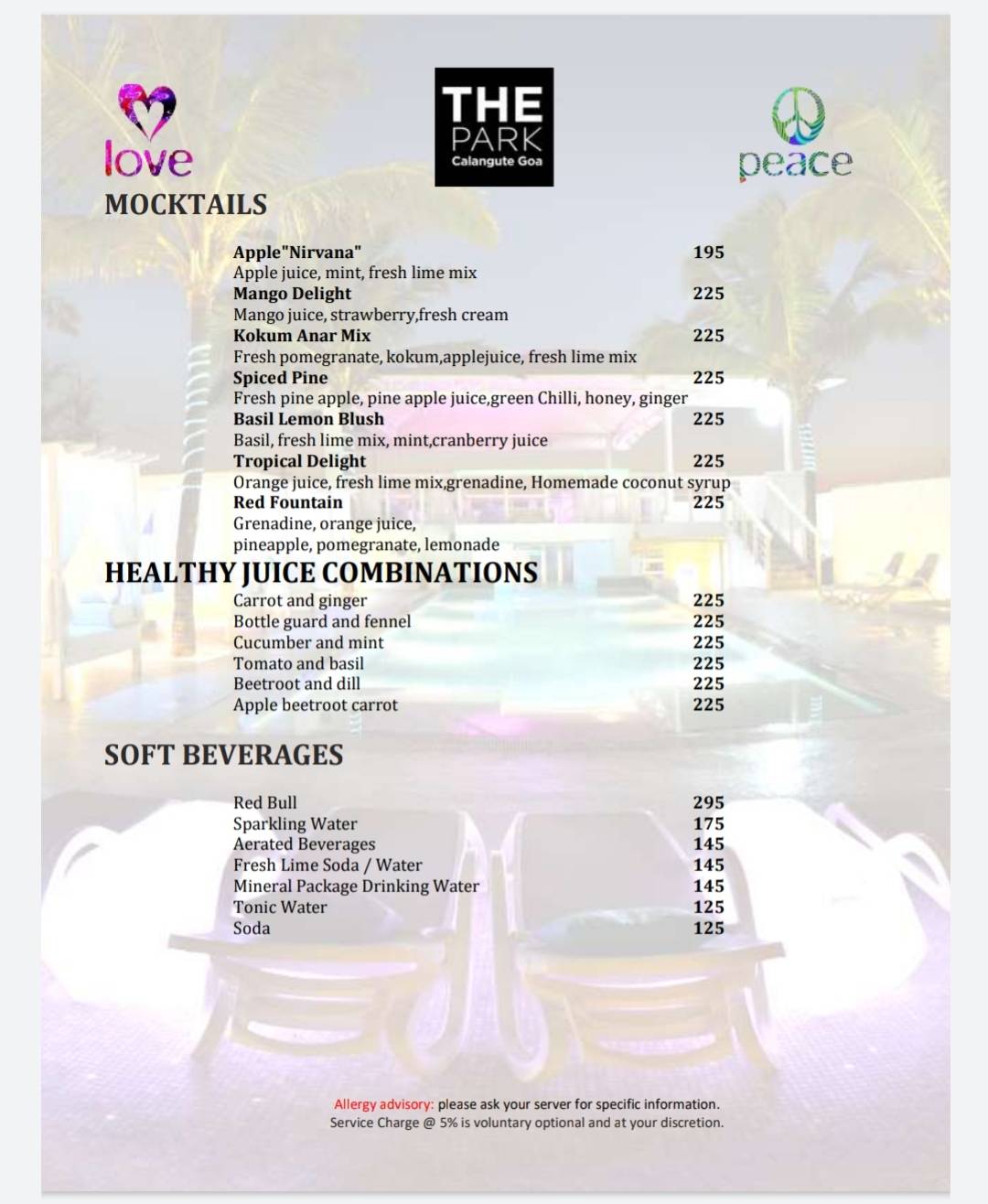 Peace Bar menu