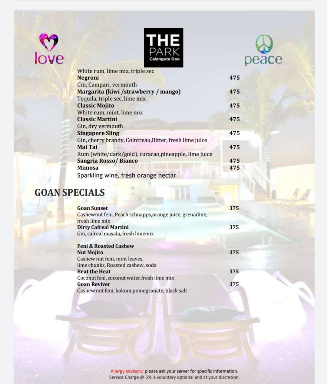 Peace Bar menu