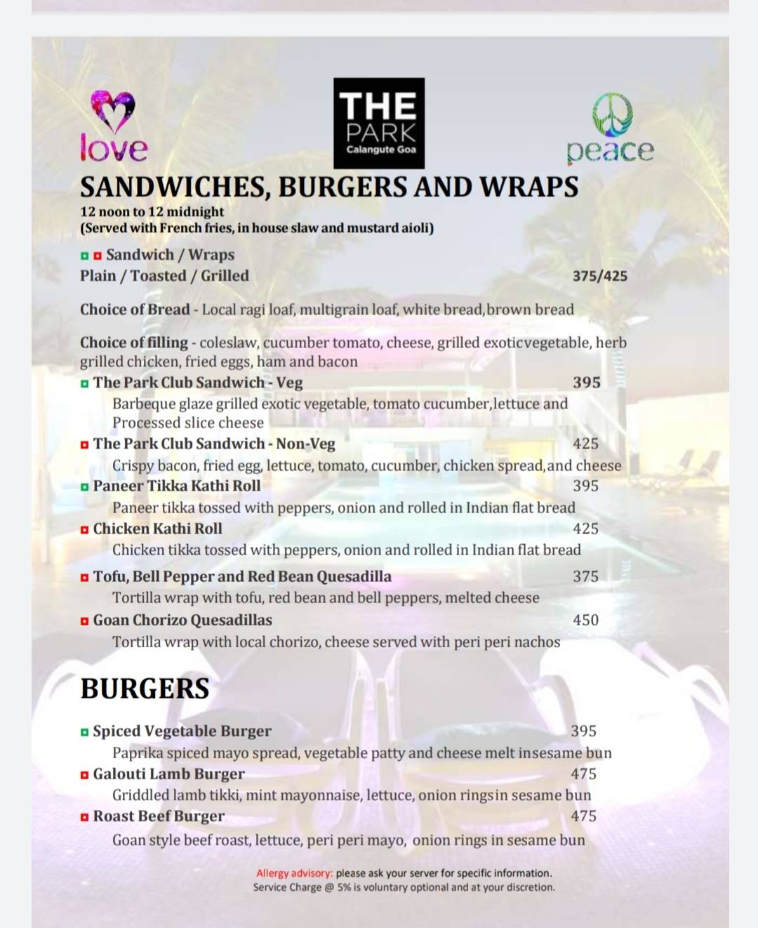 Peace Bar menu
