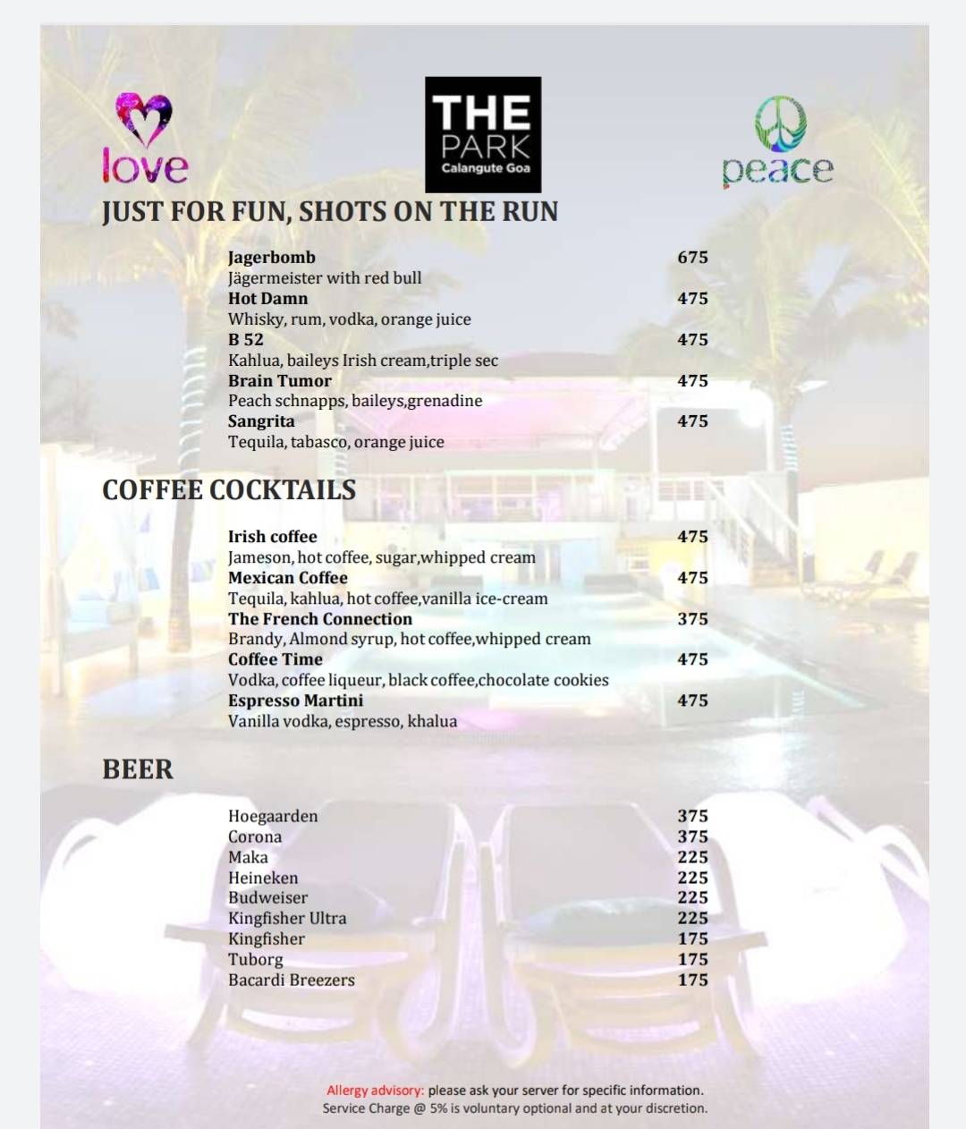 Peace Bar menu