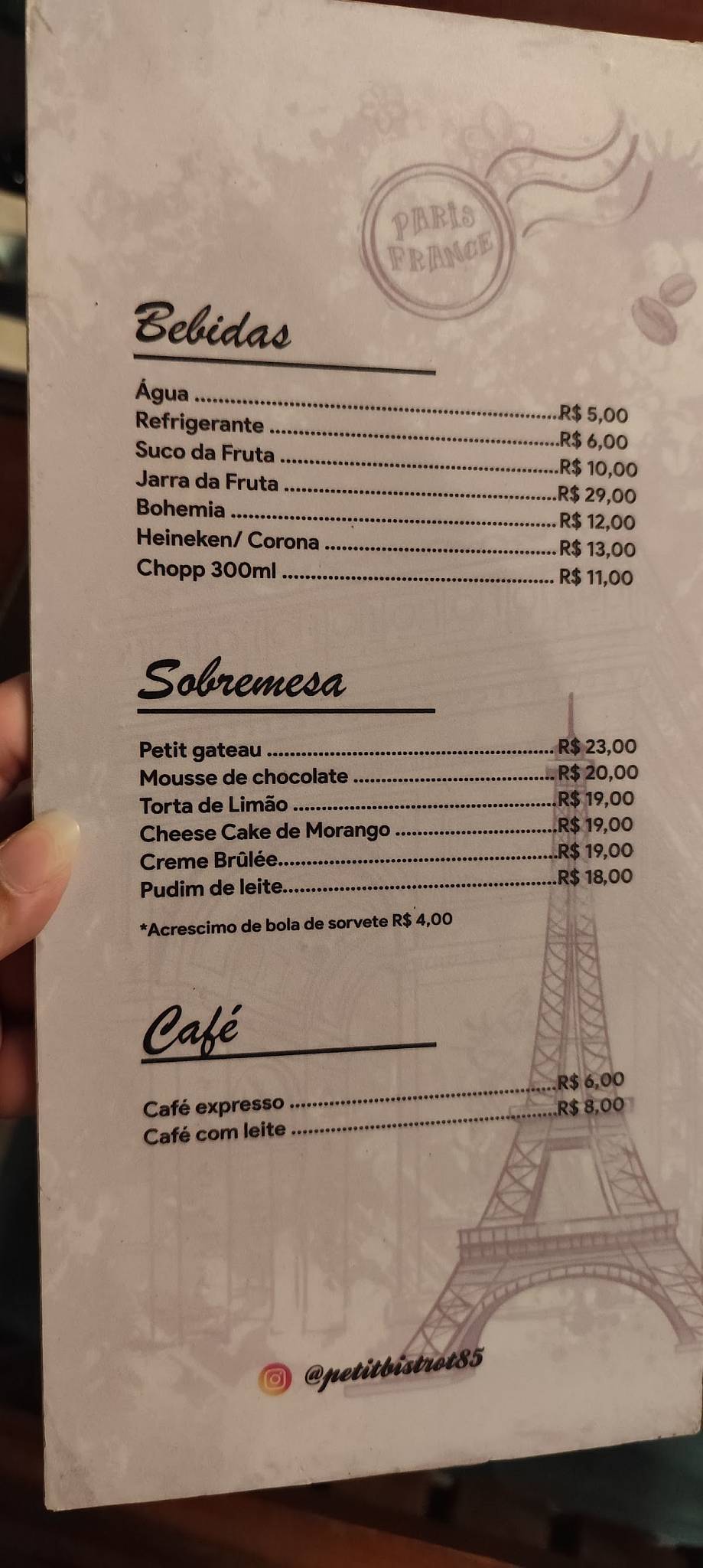 Petit Bistrot cardápio