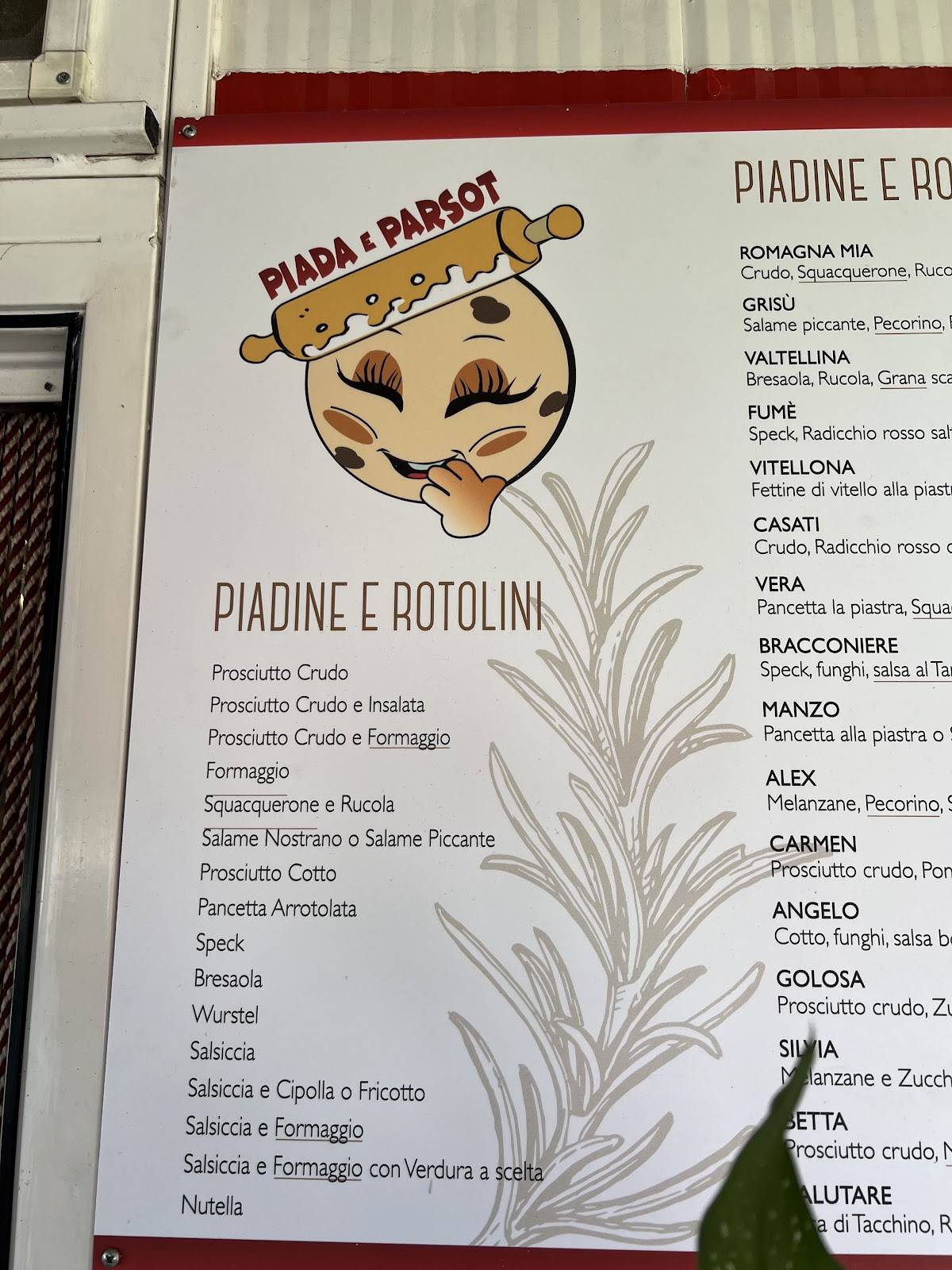 Menu di Piada e Parsot 