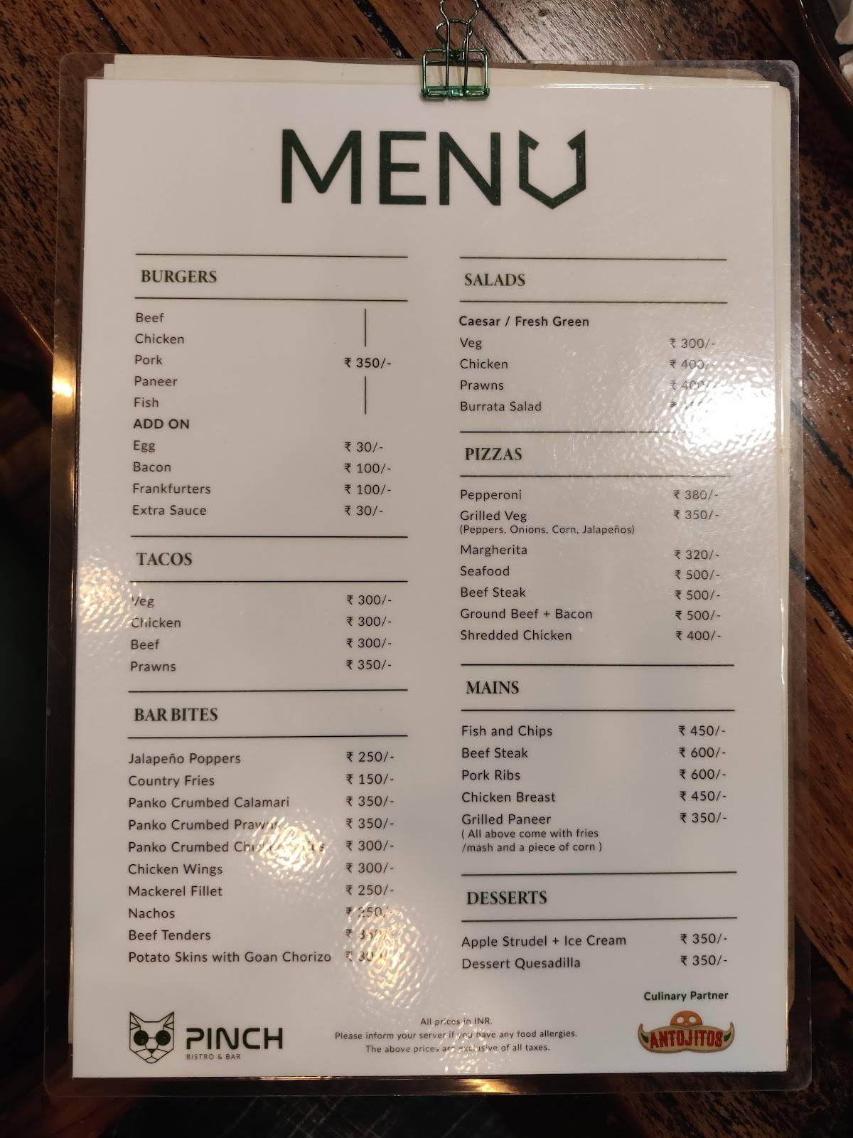 Pinch Bistro & Bar menu