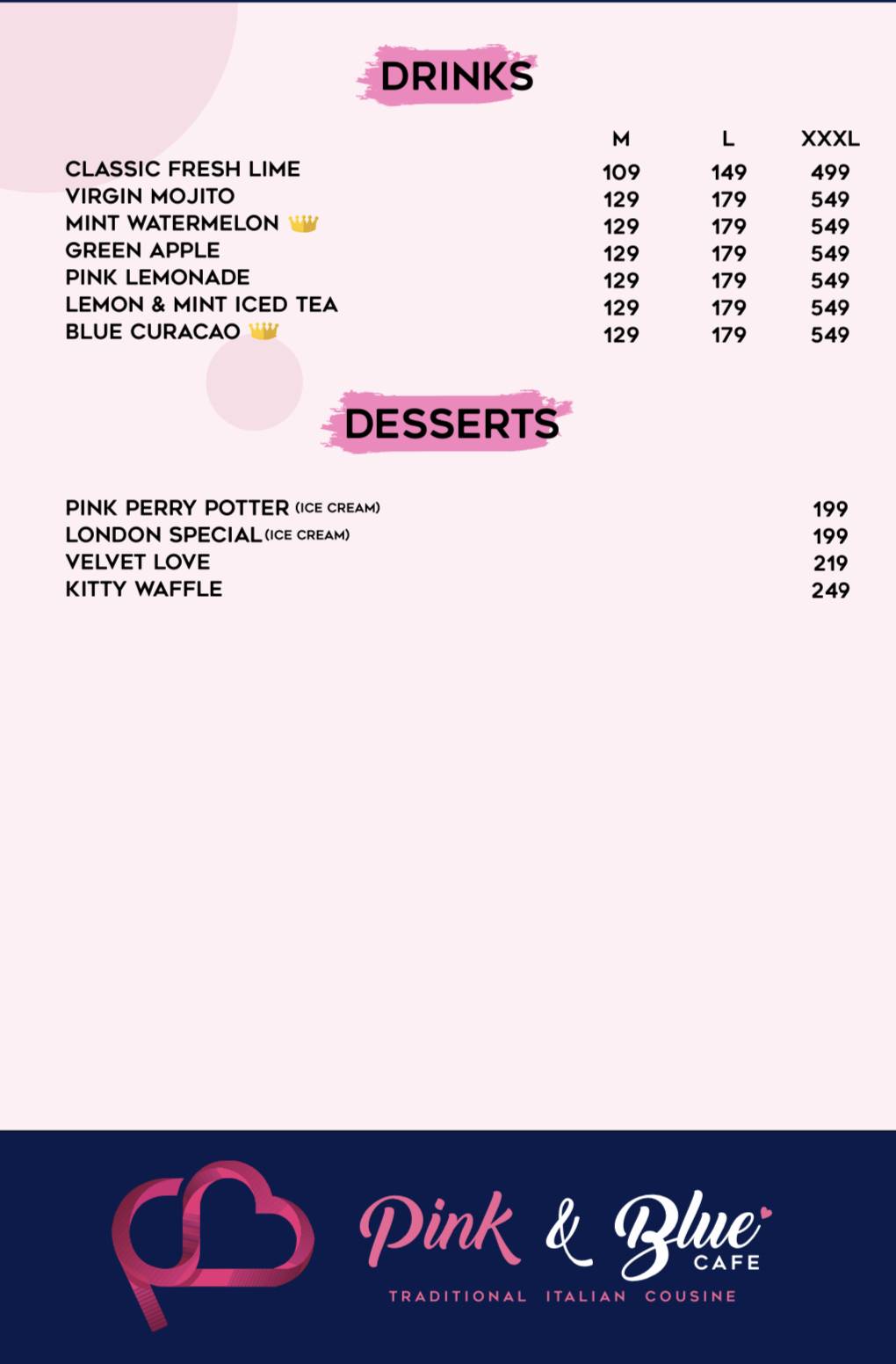 Pink & blue cafe menu