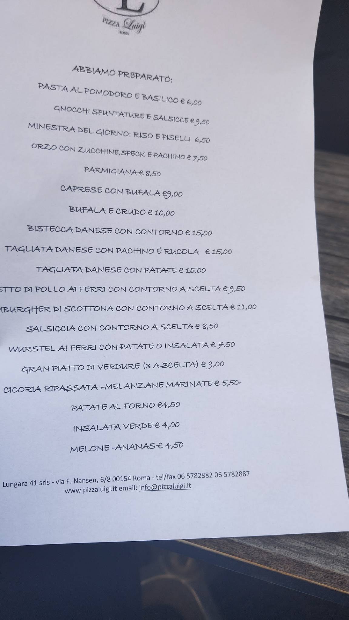 Menu di Pizza Luigi dal 1985 