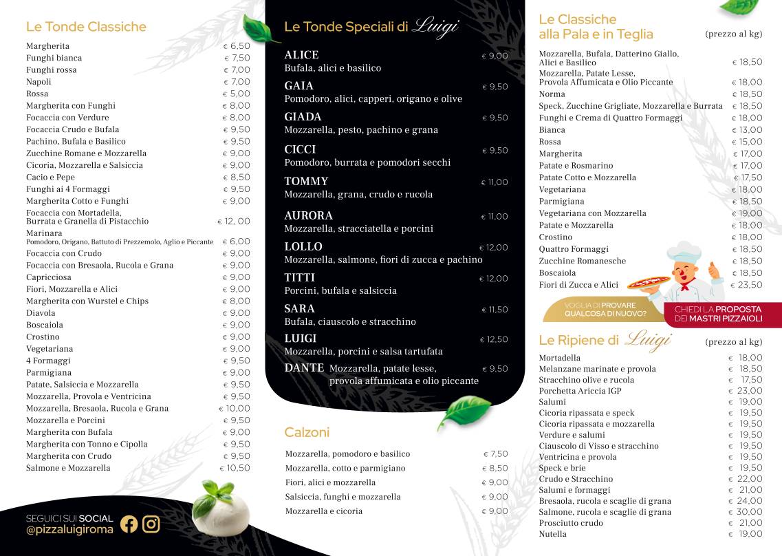 Menu di Pizza Luigi dal 1985 