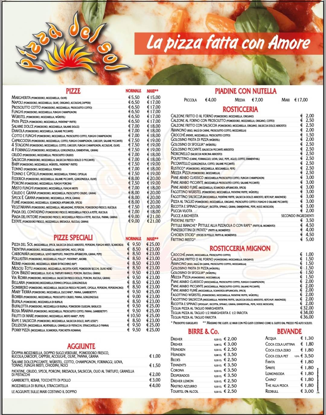 Menu di Pizza del Sol 